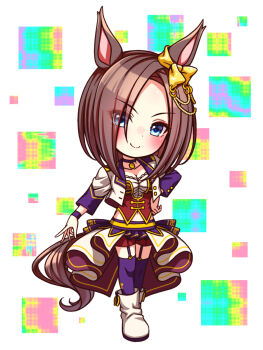 1girl air_groove_(umamusume) animal_ears blue_eyes blush bodice boots bow breasts brown_hair chibi chibi_only choker cleavage closed_mouth collarbone commentary_request corset cropped_jacket ear_bow ear_chain full_body garter_straps hair_between_eyes highres horse_ears horse_girl horse_tail jacket large_breasts linked_piercing long_sleeves looking_at_viewer midriff_peek navel overskirt pendant_choker piercing purple_choker purple_garter_straps purple_thighhighs red_corset red_shorts shirt short_hair shorts smile solo star_(symbol) starting_future_(umamusume) sugimotty_nova tail thighhighs umamusume white_boots white_jacket white_shirt wristband yellow_bow