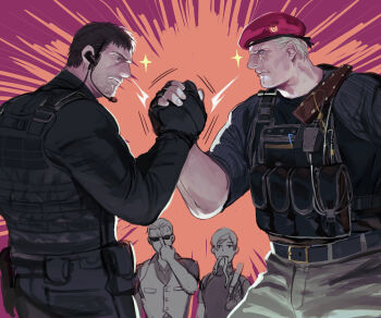 4boys absurdres albert_wesker bara belt beret black_belt black_hair black_pants black_shirt blonde_hair brown_pants bulletproof_vest chris_redfield closed_mouth facial_hair hat headset highres holding_hands jack_krauser knife_sheath large_pectorals leon_s._kennedy looking_at_another male_focus multiple_boys muscular muscular_male on_(isk1812) pants pectorals resident_evil resident_evil_4 resident_evil_4_(remake) resident_evil_village scar scar_across_eye scar_on_face sheath shirt short_hair