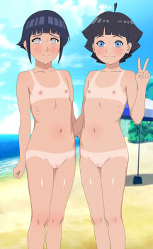 2girls beach blue_eyes blush boruto:_naruto_next_generations cleft_of_venus flat_chest highres hyuuga_hinata loli looking_at_viewer mother_and_daughter multiple_girls naruto_(series) nipples nude nudist outdoors pussy rantuahelax short_hair standing tan tanline time_paradox uzumaki_himawari v