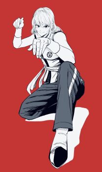 1girl breasts commentary_request dougi fighting_stance foreshortening full_body greyscale_with_colored_background hatching_(texture) highres kung_fu lee_(dragon_garou) long_hair medium_breasts mixed_media original red_background smile solo standing standing_on_one_leg wristband