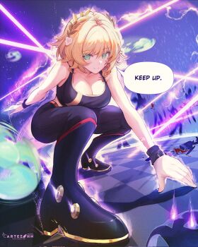 1girl aglaea_(honkai:_star_rail) alternate_costume artezahn artist_logo bare_shoulders black_boots black_pants black_sports_bra blonde_hair blood blood_on_face boots breasts chessboard cleavage closed_mouth collarbone commentary contemporary corrupted_twitter_file dynamic_pose electricity english_commentary english_text gameplay_mechanics green_eyes high_heel_boots high_heels highres honkai:_star_rail honkai_(series) large_breasts laurel_crown logo looking_at_viewer medium_hair pants smile solo sports_bra
