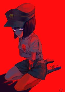 1girl black_hair blood blunt_bangs blunt_ends bob_cut colored_skin drooling ena:_dream_bbq ena_(dream_bbq) ena_(series) ena_(species) guro hangover_ena hashtag-only_commentary hat highres hole_in_chest hole_in_stomach hole_on_body injury looking_at_viewer multicolored_skin red_background red_skin red_theme seiza shirt short_sleeves simple_background sitting solo two-tone_skin usagimarumei