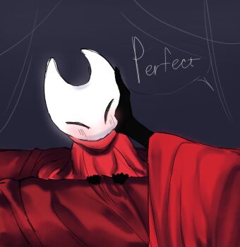 1girl 1other aged_down black_skin blush boopie child cloak closed_eyes colored_skin grey_background highres hollow_knight hollow_knight:_silksong hornet_(hollow_knight) red_cloak smile solo_focus speech_bubble