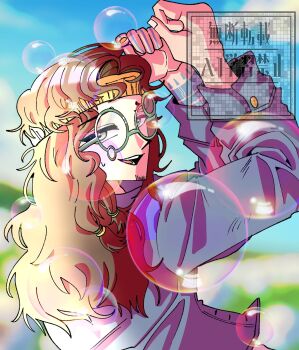 Rule 34 | 1boy, :d, arm tattoo, arm up, blue jacket, blue sky, blurry, blurry background, brown hair, bubble, commentary request, dd (dddd 929), diggers (reverse:1999), from side, green-framed eyewear, green eyes, hands up, headband, highres, jacket, korean commentary, long hair, male focus, novelty glasses, open mouth, reverse:1999, sky, smile, solo, sweat, tattoo, upper body, watermark, yellow headband