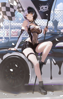 2girls alternate_costume black_boots black_hair black_nails black_shorts boots breasts car chain-link_fence checkered_flag cleavage commentary covered_navel demon_horns english_commentary falling_petals fence flag full_body hair_ornament high_ponytail highres holding holding_flag hololive hololive_english horns jewelry large_breasts leotard leotard_under_clothes motor_vehicle multicolored_hair multiple_girls nerissa_ravencroft open_fly outdoors paid_reward_available petals ponytail race_queen ring rucarachi shiori_novella short_shorts shorts sitting solo_focus split-color_hair sports_car streaked_hair thigh_strap thighs two-tone_hair virtual_youtuber white_hair yellow_eyes