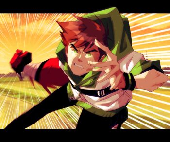 1boy ben_10 ben_tennyson brown_hair clenched_teeth four_arms_(ben_10) green_eyes hiffuu incoming_attack incoming_punch male_focus motion_lines partial_transformation punching short_hair solo teeth