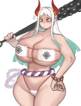 ass bracelet breasts club_(weapon) earrings horns huge_ass huge_breasts jewelry kelvin_hiu large_breasts one_piece orange_eyes thick_thighs thighs weapon white_hair yamato_(one_piece)