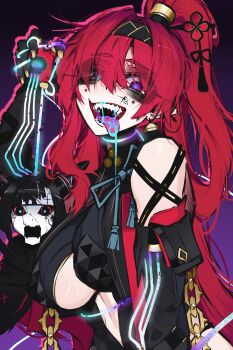 1girl 1other :d ace_glitch arm_up bags_under_eyes bare_shoulders black_background black_gloves black_hairband blue_pupils breasts chain circle_facial_mark commentary crazy_smile earrings elbow_gloves english_commentary facial_tattoo flower_hairpin gloves glowing_pupils gradient_background hair_between_eyes hair_ornament hairband hairpin high_ponytail highres jewelry large_breasts long_hair midriff open_mouth pointy_ears ponytail puppet_strings purple_background purple_eyes red_hair saliva sharp_teeth smile tassel tattoo teeth tongue tongue_out underboob upper_body uvula very_long_hair wuthering_waves yinlin_(wuthering_waves) zapstring_(wuthering_waves)