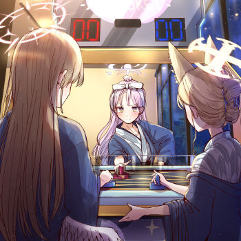 3girls air_hockey alternate_costume animal_ears bath_yukata blonde_hair blue_archive blush brown_hair feathered_wings fox_ears hair_bun halo hanten_(clothes) highres japanese_clothes kimono long_hair mika_(blue_archive) multiple_girls nagisa_(blue_archive) pink_hair revision score seia_(blue_archive) shitsugaikotsu single_hair_bun smile straight_hair tea_party_(blue_archive) very_long_hair white_background wings yukata