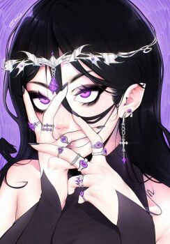 1girl black_dress black_hair black_nails commentary double-parted_bangs dress ear_piercing english_commentary fingernails gem hair_between_eyes hands_on_own_face headpiece highres jewelry long_hair long_sleeves looking_up multiple_rings nail_polish nose original piercing pointy_ears portrait purple_background purple_eyes purple_gem ring solo teyoid