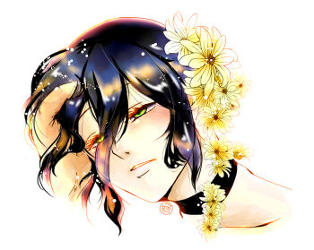 1boy 1girl absurdres black_choker black_hair chainsaw_man choker disembodied_hand disembodied_head flower green_eyes hair_between_eyes hand_on_another&#039;s_head highres misaki_(pixiv1763138) reze_(chainsaw_man) simple_background white_background yellow_flower