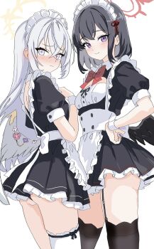 2girls apron azusa_(blue_archive) black_hair black_thighhighs blue_archive bow bowtie breasts facing_another gluteal_fold hair_between_eyes halo highres kamitosayu light_blush long_hair looking_at_viewer low_wings maid maid_apron maid_headdress mashiro_(blue_archive) medium_breasts medium_hair multiple_girls pink_eyes purple_eyes red_bow red_bowtie red_halo short_sleeves simple_background single_thighhigh small_breasts thighhighs white_background white_hair white_thighhighs wing_ornament wings wrist_cuffs yellow_halo