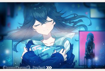 Rule 34 | 1girl, absurdres, black hair, blue shirt, chair, character name, closed eyes, closed mouth, collarbone, egasumi, floating hair, hair between eyes, head tilt, highres, hugging object, izumo kasumi (nijisanji), long hair, long sleeves, mole, mole under eye, multiple views, nijisanji, ninahachi, on chair, pillow, pillow hug, shirt, sitting, sleeves past wrists, smile, twitter username, virtual youtuber