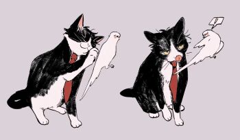 ! :3 adachi_tooru animal animalization bird blush_stickers cat closed_eyes grey_background hamusitas jitome narukami_yu necktie paw_up persona persona_4 red_necktie sequential simple_background speech_bubble spoken_exclamation_mark tongue tongue_out tuxedo_cat yellow_eyes