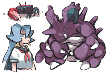1girl alternate_costume black_sailor_collar clair_(pokemon) claws closed_mouth commentary_request crab cropped_shirt earrings frown gen_1_pokemon grey_eyes grey_hair highres jewelry long_hair neckerchief nidoking nintendo pokemon pokemon_(creature) pokemon_hgss ponytail red_neckerchief sailor_collar school_uniform serafuku shirt short_sleeves simple_background tirarizun white_background white_shirt
