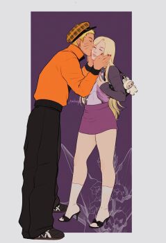 Rule 34 | 1boy, 1girl, alternate universe, bag, black pants, black shoes, blonde hair, boruto: naruto next generations, closed eyes, earrings, facial mark, handbag, hat, hetero, high heels, highres, jacket, jewelry, kankuroplease, kiss, kissing cheek, labubu, miniskirt, naruto (series), orange hat, orange jacket, pants, pencil skirt, plaid hat, purple skirt, ribbed socks, shoes, signature, skirt, sleeves past wrists, socks, uzumaki naruto, whisker markings, white socks, yamanaka ino