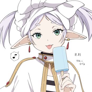 Rule 34 | 1girl, :3, :p, capelet, closed mouth, earrings, elf, food, frieren, green eyes, grey hair, highres, holding, holding food, holding popsicle, jewelry, looking at viewer, musical note, niyane, parted bangs, pointy ears, popsicle, shirt, short hair, short twintails, simple background, smile, solo, sousou no frieren, spoken musical note, striped clothes, striped shirt, teardrop earrings, thick eyebrows, tongue, tongue out, towel, towel on head, twintails, upper body, white background, white capelet, white shirt