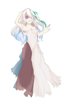 1girl absurdres dress fairy_(grimms_notes) full_body grey_hair grimms_notes highres open_mouth patchwork_clothes pink_eyes smile solo user_hwam2378