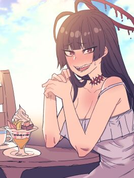 1girl absurdres alternate_costume antenna_hair anygatsby bare_arms black_hair blue_archive blunt_bangs blush breasts cleavage collarbone commentary cup dress food grey_dress halo highres large_breasts long_hair looking_at_viewer melting_halo nose_blush own_hands_together parfait red_halo sharp_teeth sitting sleeveless sleeveless_dress solo straight_hair strap_slip sweatdrop teacup teeth tsurugi_(blue_archive) very_long_hair