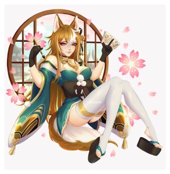 1girl absurdres ahoge animal_ear_fluff animal_ears arataki_itto bare_shoulders black_gloves blush breasts brown_hair cleavage commentary crossed_bangs detached_collar dog_ears dog_girl dog_tail dress eyelashes eyeliner eyeshadow falling_petals fang full_body genshin_impact gloves green_eyes hair_between_eyes hair_ornament highres hina_(genshin_impact) holding holding_brush japanese_clothes kimono large_breasts lips looking_at_viewer makeup multicolored_hair off_shoulder open_mouth paintbrush paper petals platform_clogs red_eyeshadow round_window sandals signature smile solo strapless strapless_dress streaked_hair tail tassel thigh_gap thighhighs toeless_legwear twitter_username two-tone_hair white_background white_hair white_thighhighs wide_sleeves window xiaoann9