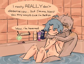 2boys arm_around_shoulder bathing bathtub blue_hair blush closed_eyes colored_skin commentary completely_nude english_commentary grey_hair grey_skin indoors knees_up multiple_boys navel nude open_mouth original partially_submerged razor short_hair soap tile_wall tiles yaoi yipeeeeiz