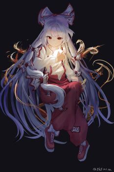 1girl absurdres artist_name black_background bow clenched_hand clenched_teeth collared_shirt commentary_request ehextra fire footwear_bow fujiwara_no_mokou full_body hair_bow highres long_hair long_sleeves ofuda ofuda_on_clothes pants red_eyes red_pants red_shoes red_suspenders shirt shoes solo teeth touhou very_long_hair white_bow white_hair white_shirt