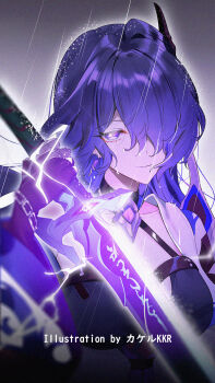 1girl acheron_(honkai:_star_rail) artist_name breasts coat commentary crop_top electricity gloves hair_over_one_eye highres honkai:_star_rail honkai_(series) large_breasts long_hair looking_at_viewer purple_eyes purple_gloves purple_hair rain solo srpzk sword very_long_hair weapon white_coat