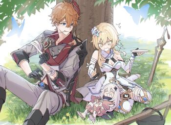 Rule 34 | 1boy, 2girls, absurdres, against tree, arm armor, bandage in mouth, bandaged arm, bandages, bare shoulders, black boots, black gloves, blonde hair, blue eyes, boots, breasts, cleavage, closed eyes, commentary request, cooking pot, crystal hair ornament, day, detached sleeves, dress, flower, food, food on face, genshin impact, gloves, grass, grey pants, grey shirt, hair between eyes, hair flower, hair ornament, halo, highres, holding, holding plate, knees up, lap pillow, looking at another, lumine (genshin impact), mask, mask on head, medium breasts, multiple girls, naya nya23, on ground, open mouth, orange hair, outdoors, paimon (genshin impact), pants, planted, planted sword, planted weapon, plate, prototype rancour (genshin impact), romper, shirt, short hair, short hair with long locks, sitting, sword, tartaglia (genshin impact), thigh boots, tree, vision (genshin impact), weapon, white boots, white dress, white hair, white romper, yellow eyes, yokozuwari