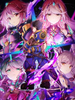 1boy 4girls alternate_color animal_ears armor arms_behind_head aura bare_shoulders black_armor black_background black_bodysuit black_dress blonde_hair blue_helmet blue_pants blunt_bangs bodysuit breasts brown_hair cat_ears chest_jewel cleavage cleavage_cutout clothing_cutout commentary core_crystal_(xenoblade) dark_background detached_sleeves dress earrings elbow_gloves facial_mark fire floating_earrings from_behind full_body gem gloves green_eyes green_hair grey_hair headpiece helmet high_ponytail highleg highleg_leotard highres holding holding_sword holding_weapon jewelry large_breasts leotard light_particles long_hair looking_at_viewer low_twintails medium_breasts microdress multiple_girls mythra_(xenoblade) nia_(blade)_(xenoblade) nia_(xenoblade) nintendo official_alternate_color pants pneuma_(xenoblade) ponytail purple_fire pyra_(xenoblade) red_eyes red_hair rex_(xenoblade) short_hair small_breasts super_smash_bros. swept_bangs sword tiara twintails ui_frara unworn_headwear unworn_helmet upper_body very_long_hair weapon xenoblade_chronicles_(series) xenoblade_chronicles_2 yellow_eyes