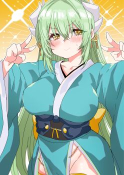 1girl :&gt; aqua_kimono arms_up blush breasts commentary_request cowboy_shot crossed_bangs double_v dragon_girl dragon_horns fate/grand_order fate_(series) green_hair hair_between_eyes hair_ornament half-closed_eyes horns japanese_clothes kimono kiyohime_(fate) large_breasts long_hair long_sleeves looking_at_viewer mamemix obi pelvic_curtain sash sidelocks smile smug solo standing sweat thighhighs v v-shaped_eyebrows very_long_hair wide_sleeves yellow_eyes