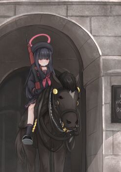 1girl absurdres beret black_gloves black_hair black_hat black_horse black_sailor_collar black_serafuku black_shirt black_shoes black_skirt black_socks blue_archive blush closed_mouth frown gloves gun halo hat highres hjhtp holding holding_gun holding_weapon horse horseback_riding justice_task_force_member_(blue_archive) long_sleeves miniskirt neckerchief outdoors pink_halo pleated_skirt red_eyes red_neckerchief riding rifle sailor_collar school_uniform serafuku shirt shoes skirt socks solo weapon