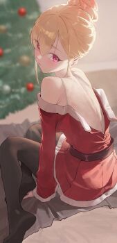 1girl absurdres alternate_hairstyle back_splitting_open black_leggings blonde_hair blurry blurry_background christmas_tree hair_bun hands_under_legs hashtag-only_commentary highres kitagawa_marin leggings looking_back nmm pink_eyes santa_costume sono_bisque_doll_wa_koi_wo_suru