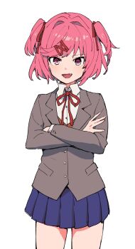 Rule 34 | 1girl, absurdres, aoki (fumomo), blazer, blue skirt, collared shirt, commentary request, cowboy shot, crossed arms, doki doki literature club, doki doki literature club school uniform, fang, grey jacket, hair intakes, hair ornament, hair ribbon, highres, jacket, long sleeves, natsuki (doki doki literature club), neck ribbon, open mouth, pink eyes, pink hair, red ribbon, ribbon, school uniform, shirt, short hair, simple background, skirt, smile, solo, two side up, white background, white shirt