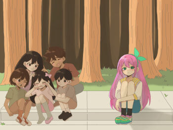 3boys 3girls aged_down antenna_hair aubrey_(faraway)_(omori) aubrey_(omori) black_eyes black_hair black_shoes black_socks blue_skirt blush bow bow_hairband bright_pupils brother_and_sister brothers brown_hair brown_shorts closed_eyes closed_mouth commentary_request crying dark-skinned_male dark_skin day denim denim_skirt green_eyes green_shirt grey_shirt grey_socks hair_behind_ear hair_bow hairband hero_(faraway)_(omori) hero_(omori) highres jacket kel_(faraway)_(omori) kel_(omori) kneehighs long_hair mari_(faraway)_(omori) mari_(omori) multiple_boys multiple_girls omori open_mouth orange_socks outdoors pink_bow pink_hair pink_shirt red_shirt shirt shoes short_hair short_sleeves shorts siblings sidewalk sitting skirt smile sneakers socks sunny_(omori) tree white_jacket white_pupils white_socks yuuabara