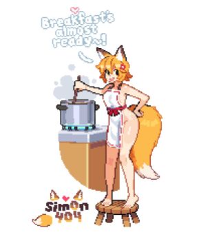 1girl :d adapted_costume animal_ears apron artist_name barefoot blonde_hair commentary cooking cooking_pot english_commentary english_text flower fox_ears fox_girl fox_tail full_body hair_between_eyes hair_flower hair_ornament hand_on_own_hip heart highres looking_at_viewer naked_apron open_mouth pixel_art senko_(sewayaki_kitsune_no_senko-san) sewayaki_kitsune_no_senko-san short_hair sim0n404 simple_background smile solo standing steam stool tail white_background yellow_eyes