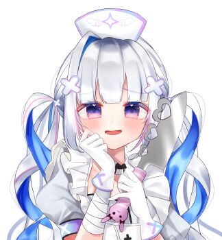 1girl absurdres amane_kanata amane_kanata_(nurse) blue_hair blush commentary_request dress gloves grey_hair hair_intakes hat highres hololive hosimiya_yume long_hair looking_at_viewer nurse nurse_cap official_alternate_costume official_alternate_hairstyle open_mouth purple_eyes solo twintails very_long_hair virtual_youtuber white_background white_dress white_gloves white_hat