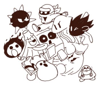 blocky_(kirby) boboo_(kirby) broom captain_stitch efreeti_(kirby) haboki jumper_shoot kirby&#039;s_dream_land_2 kirby&#039;s_dream_land_3 kirby_(series) lineart master_green_(kirby) mr._frosty nintendo pokka730 waiu_(kirby) yuki_(kirby)