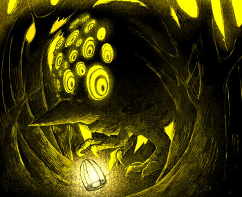 absurdres bare_tree beak big_bird_(project_moon) bird commentary_request extra_eyes fire forest highres holding holding_lantern inumata0823 lantern lobotomy_corporation looking_at_viewer monster nature project_moon tree walking yellow_background yellow_eyes