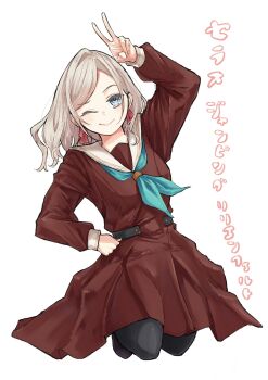 Rule 34 | 1girl, aqua neckerchief, black pantyhose, blue eyes, brown dress, ceras yanagida lilienfeld, character name, commentary, dress, full body, grey hair, hair ribbon, hand on own hip, hasu no sora school uniform, highres, jumping, link! like! love live!, long hair, long sleeves, looking at viewer, love live!, medium dress, mendo (mend0o0), neckerchief, pantyhose, pink ribbon, pleated dress, ribbon, sailor collar, sailor dress, school uniform, simple background, solo, symbol-only commentary, translated, v, v over head, virtual youtuber, white background, white sailor collar, winter uniform