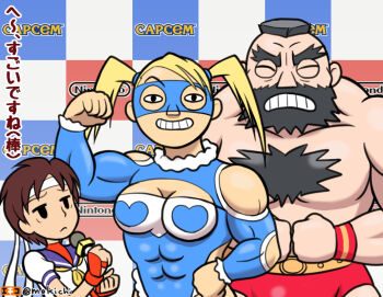 1boy 2girls abs beard black_hair blonde_hair blue_sailor_collar breasts brown_hair chest_hair cleavage cleavage_cutout clothing_cutout facial_hair flexing grin headband heart interview kasugano_sakura leotard mask medium_breasts microphone minna_no_rhythm_tengoku mochi-iri_kinchaku mohawk multiple_girls muscular muscular_female parody rainbow_mika reporter_(rhythm_tengoku) rhythm_tengoku sailor_collar school_uniform serafuku smile step_and_repeat street_fighter thick_eyebrows twintails wrestling_mask wrestling_outfit zangief
