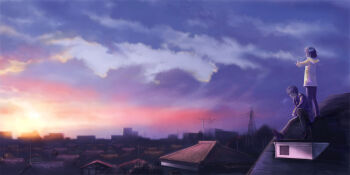 Rule 34 | 1boy, 1girl, black hair, black shoes, building, cloud, cloudy sky, coat, commentary request, dome (artist), fur-trimmed hood, fur trim, hood, hood down, hooded coat, lamppost, long sleeves, on roof, original, outdoors, outstretched arms, pants, power lines, shoes, short hair, sitting, sky, spread arms, standing, sunrise, town, transmission tower, white coat, wide shot