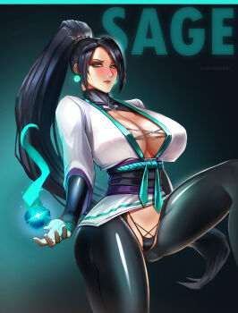 1girl badcompzero black_bodysuit black_hair black_legwear black_panties blush bodysuit breasts character_name cleavage commentary cowboy_shot cross-laced_clothes earrings english_commentary forehead gluteal_fold green_eyes hair_ornament high_ponytail highleg highleg_panties highres huge_breasts jewelry knee_up leg_up long_hair looking_to_the_side outstretched_hand panties parted_bangs parted_lips ponytail red_lips rope_belt sage_(valorant) shiny_clothes short_sleeves simple_background skirt solo string_panties thighs underwear valorant white_skirt wide_sleeves