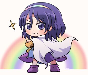 1girl :d blurry boots cape closed_mouth commentary_request cowboy_shot crossed_arms dress full_body hairband looking_at_viewer looking_back multicolored_dress multicolored_hairband open_mouth patchwork_clothes purple_boots purple_eyes purple_hair rainbow rokugou_daisuke short_hair signature smile standing star_(symbol) tenkyuu_chimata touhou v-shaped_eyebrows white_background white_cape