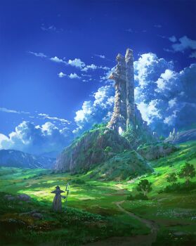 Rule 34 | 1girl, black hat, blue hair, blue sky, braid, braided ponytail, brown cloak, cloak, cloud, commentary, cumulonimbus cloud, cyclecircle, day, dirt road, english commentary, facing away, from behind, grass, hat, highres, holding, holding staff, long braid, mage staff, mountainous horizon, mushoku tensei, outdoors, road, rock, roxy migurdia, scenery, sky, solo, staff, tower, tree, wide shot, witch hat