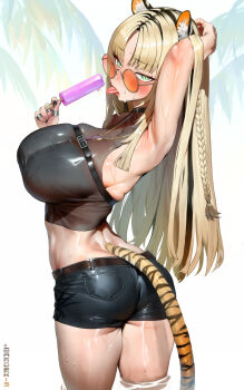 1girl absurdres animal_ears arm_behind_head arm_up armpits ass black_hair black_nails black_shirt black_shorts blonde_hair blunt_ends blush braid chest_belt cropped_shirt curtained_hair food from_behind green_eyes halter_shirt halterneck hand_up highres holding holding_food holding_popsicle hololive hololive_dev_is impossible_clothes jewelry kemonomimi_mode koganei_niko long_hair looking_at_viewer maro2ki3 multicolored_hair multiple_rings nail_polish orange-tinted_eyewear palm_leaf parted_bangs popsicle ring round_eyewear shirt short_shorts shorts side_braid skin_tight sleeveless sleeveless_shirt slit_pupils solo streaked_hair sunglasses tail tiger_ears tiger_girl tiger_tail tinted_eyewear tongue tongue_out virtual_youtuber