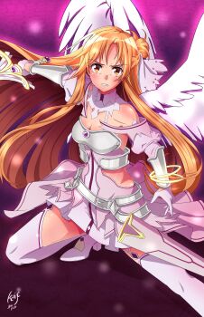 1girl absurdres armor artist_name asuna_(sao) asuna_(stacia)_(sao) bare_shoulders boots braid breastplate breasts cleavage clenched_teeth commentary commentary_request commission detached_sleeves dress english_commentary feathered_wings foot_out_of_frame gloves half_up_half_down_braid high_heel_boots high_heels highres holding holding_sword holding_weapon kaije7 light_particles long_hair mixed-language_commentary open_mouth orange_eyes orange_hair pink_boots pink_dress pink_gloves pink_sleeves purple_background signature solo strapless strapless_dress sword sword_art_online sword_art_online:_alicization teeth thigh_boots v-shaped_eyebrows watermark weapon white_wings wings