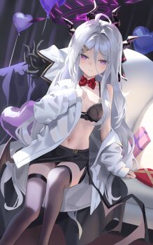 Rule 34 | 1girl, absurdres, ahoge, balloon, black bra, black halo, black pantyhose, black skirt, black thighhighs, blue archive, bra, breasts, commentary request, demon girl, demon horns, demon wings, dress shirt, halo, heart balloon, highres, hina (blue archive), horns, indoors, long hair, looking at viewer, low wings, navel, pantyhose, purple eyes, shirt, shortofsugar, sitting, skirt, small breasts, thighhighs, underwear, very long hair, white hair, wings