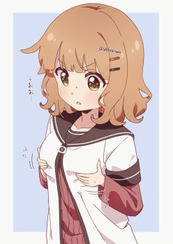 1girl black_sailor_collar blonde_hair blue_background blunt_bangs border breasts child commentary_request dot_nose dress fang grey_border hair_ornament hairclip hands_on_own_chest highres layered_sleeves long_sleeves looking_at_self looking_down nanamori_school_uniform oomuro_sakurako parallel_hairclips parted_lips red_dress sailor_collar sankatetsu_flat school_uniform shirt short_over_long_sleeves short_sleeves skin_fang small_breasts solo standing sweatdrop twitter_username upper_body white_shirt yellow_eyes yuruyuri