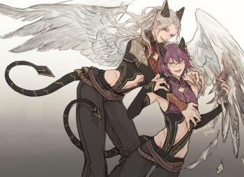 Rule 34 | 2boys, angel wings, belt, black belt, black pants, blue eyes, brown eyes, clothing cutout, commentary request, dated, detached sleeves, ensemble stars!, feathered wings, feathers, glasses, gradient background, grey background, hip vent, hug, hug from behind, long hair, looking at viewer, male focus, medium hair, midriff, multiple boys, open mouth, pants, parted lips, ponytail, purple hair, ran nagisa, saegusa ibara, shoden, smile, stomach cutout, tail, white wings, wings