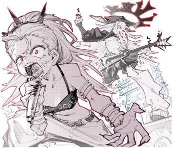 Rule 34 | 2girls, absurdres, bracelet, breasts, crop top, electric guitar, fingernails, guitar, hat, heta, highres, holding, holding microphone, holding plectrum, hololive, hololive english, instrument, jewelry, large breasts, let's just crash (gachiakuta), long hair, medium breasts, microphone, mori calliope, mori calliope (jigoku 6), multiple girls, music, open mouth, pants, partially colored, plectrum, red eyes, scar, sharp teeth, singing, spikes, stitches, teeth, v-shaped eyebrows, virtual youtuber, white background